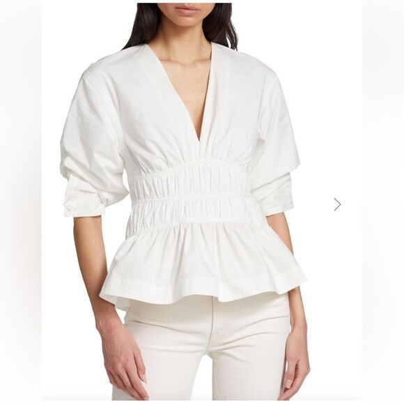 NEW Jonathan Simkhai Yuni Cotton Poplin Ruched Blouse White Size 8 - Picture 2 of 13